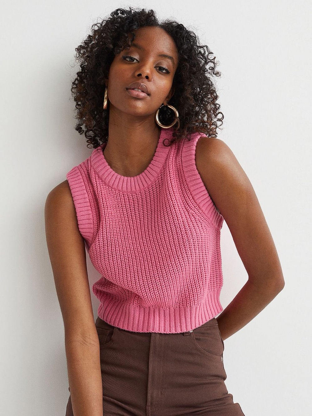 Divided Ribbed Knit Sleeveless Tank Top - Pink